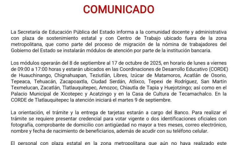 SEP instala módulos en CORDE y municipios de Puebla para facilitar migración de nómina