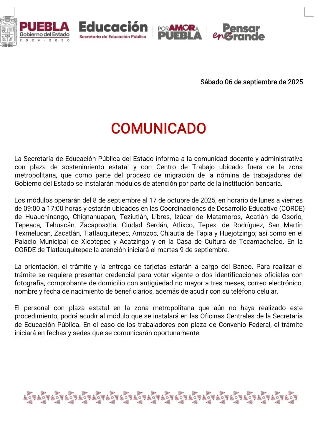 SEP instala módulos en CORDE y municipios de Puebla para facilitar migración de nómina