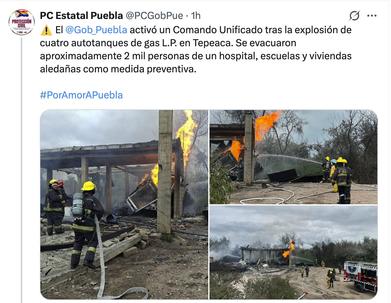 Explosión de cuatro pipas de gas en Tepeaca moviliza a autoridades y evacúa a dos mil personas