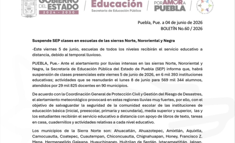 SEP Puebla suspende clases en 90 municipios por lluvias intensas este 5 de junio