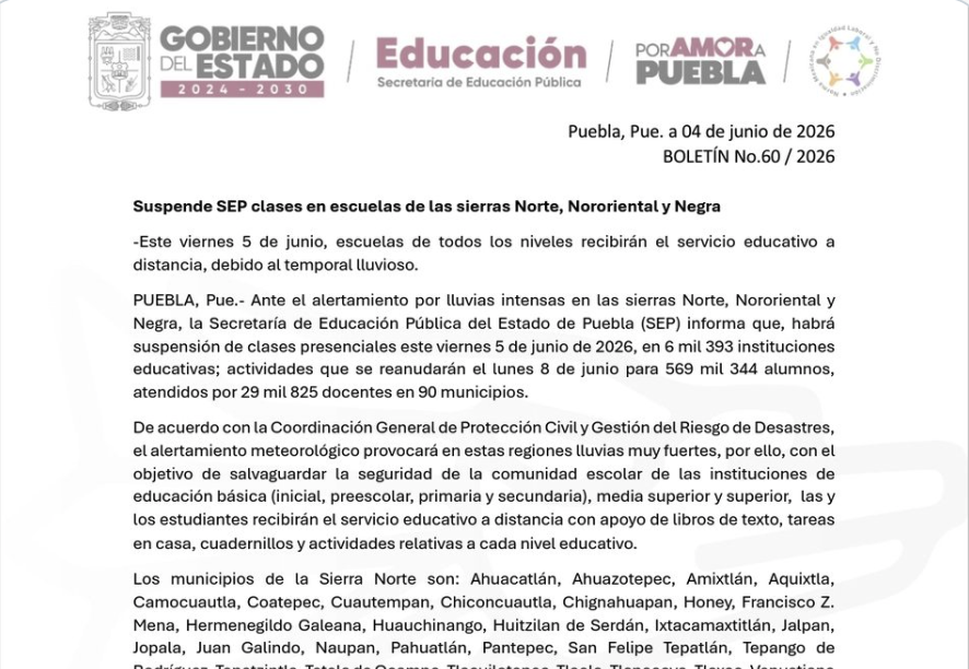 SEP Puebla suspende clases en 90 municipios por lluvias intensas este 5 de junio