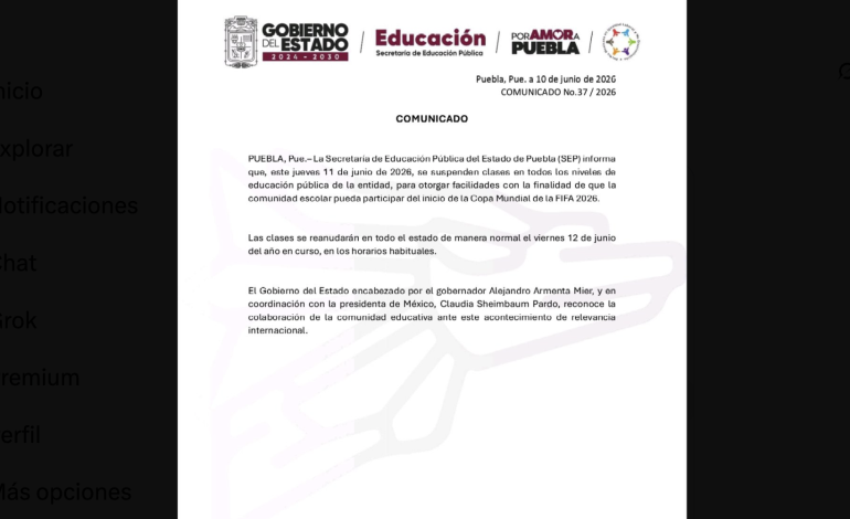 SEP Puebla suspende clases el 11 de junio por inicio del Mundial de Fútbol 2026