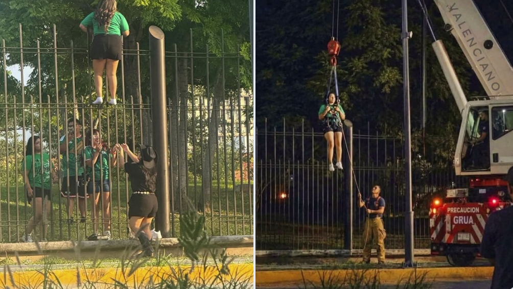 Rescatan con grúa a joven tras intentar ingresar ilegalmente al Fan Fest de Monterrey