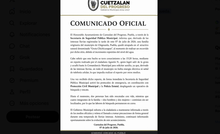 Tragedia en Cuetzalan: cuatro personas desaparecidas tras quedar atrapadas en una gruta por la crecida del agua