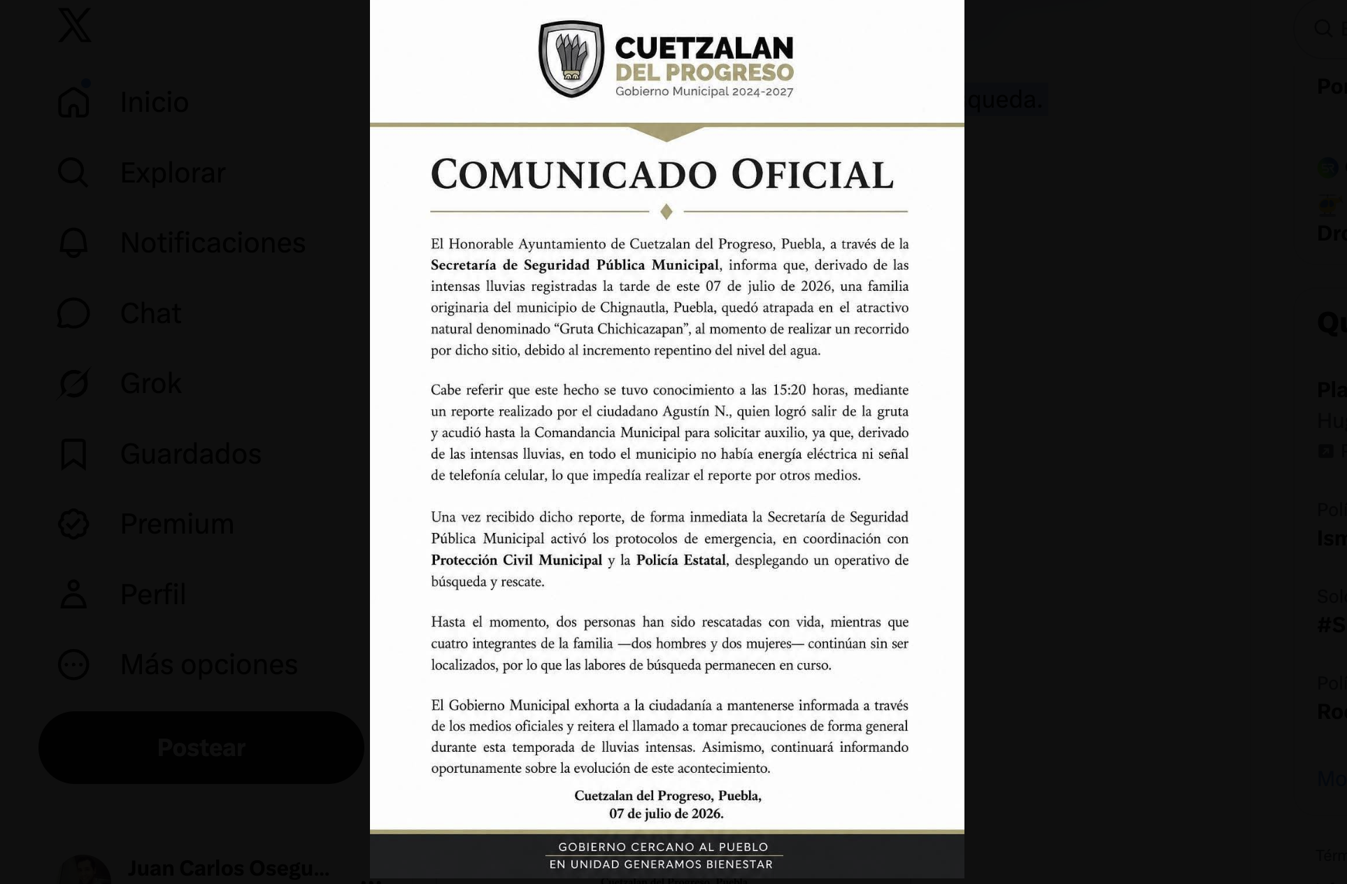 Tragedia en Cuetzalan: cuatro personas desaparecidas tras quedar atrapadas en una gruta por la crecida del agua