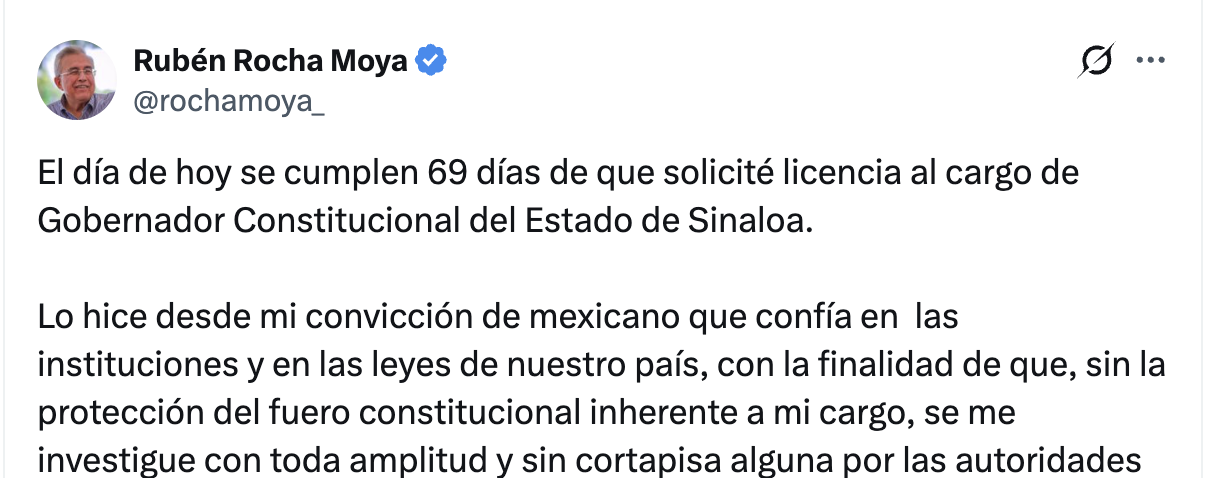 Rubén Rocha Moya niega estar bajo protección federal y asegura permanecer en su domicilio