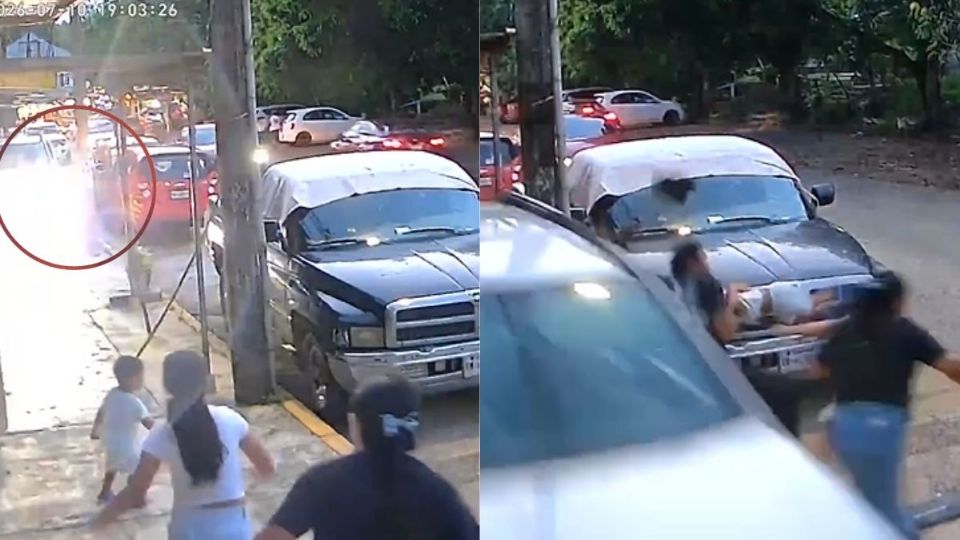 Camioneta invade banqueta y pone en riesgo a familia en Cosoleacaque